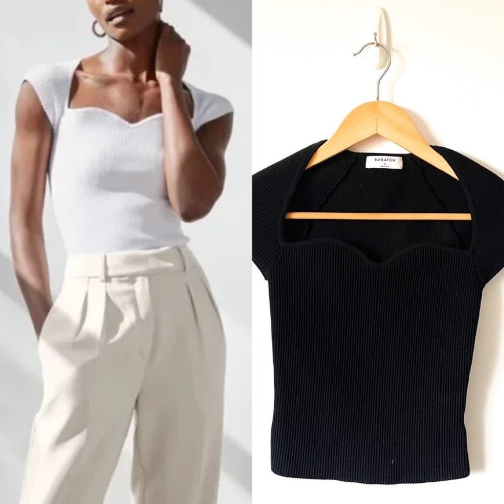 Aritzia Babaton Sculpt Sweetheart Ribbed T Shirt Black Sz S